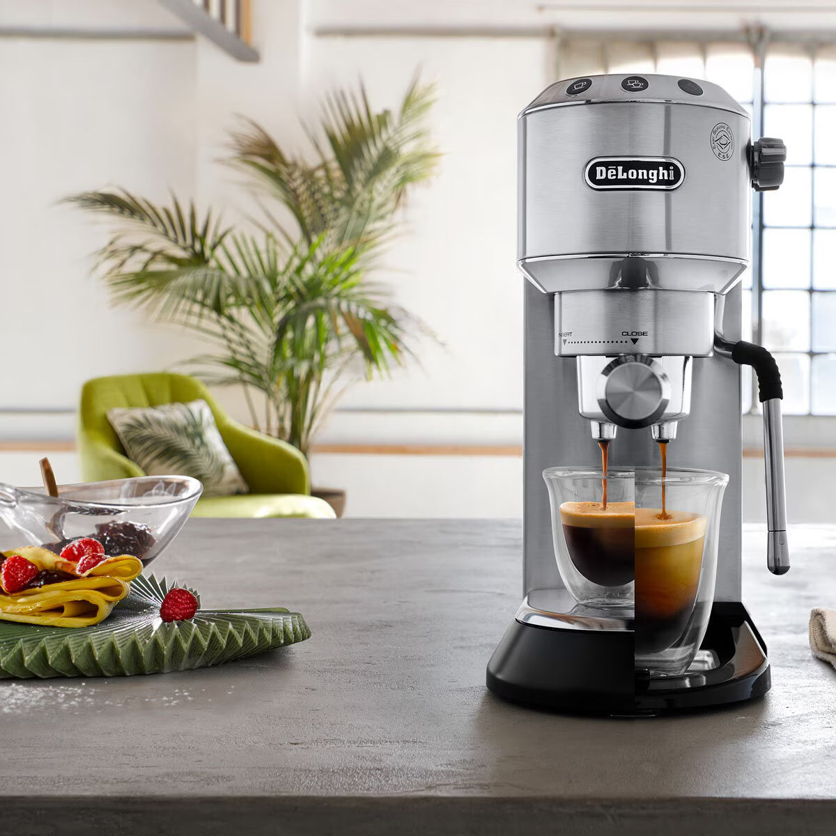 Dedica Arte Manual Espresso Coffee Maker with new milk frothing function - Silver Stainless Steel