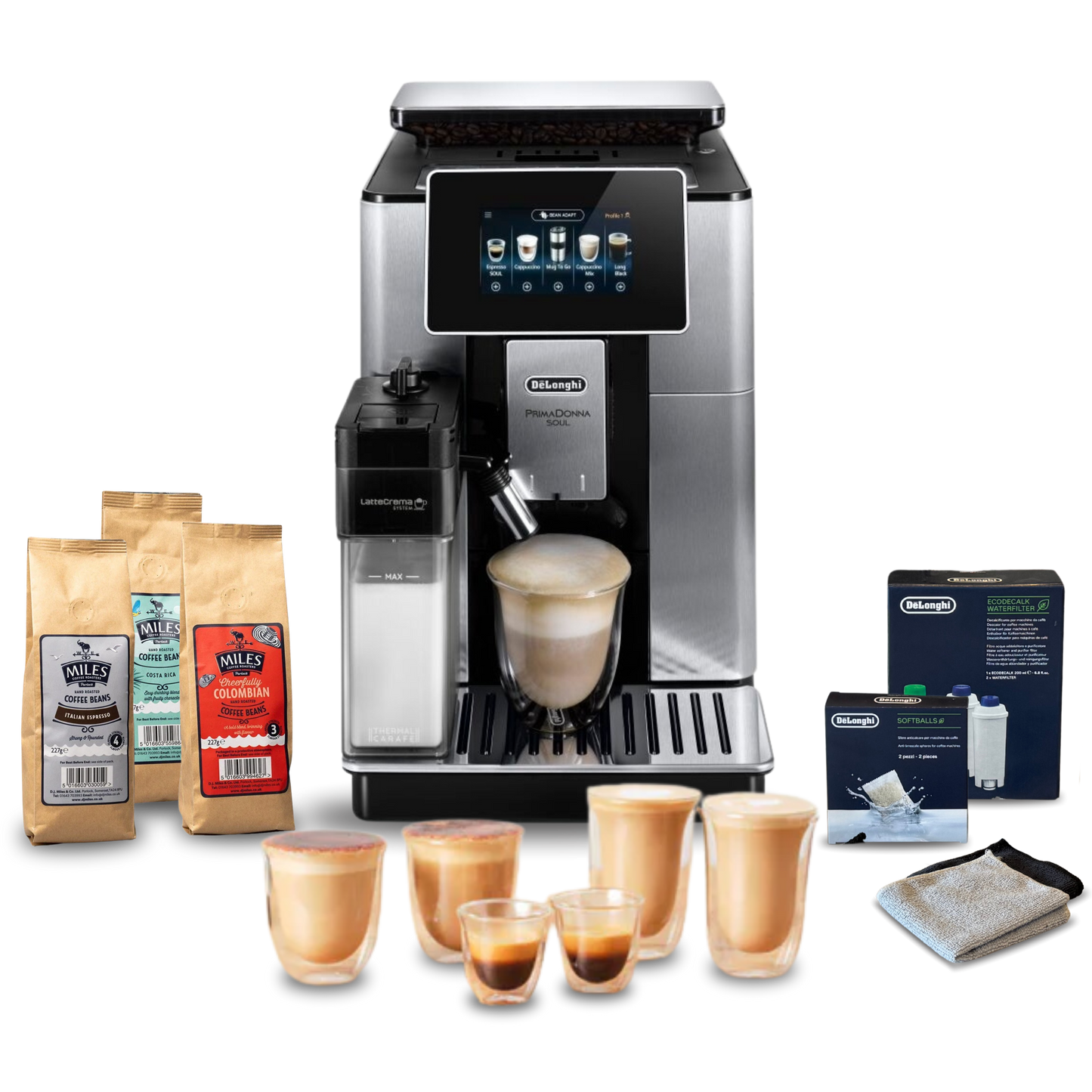 De'Longhi PrimaDonna Soul One Connected Touch Bean to Cup Complete Coffee Setup - Metal & Black
