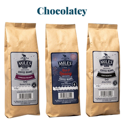 Miles Coffee Chocolatey Taster Pack – 3x 227g Hand-Roasted Coffee Beans | Espresso, Rich & Continental Blend