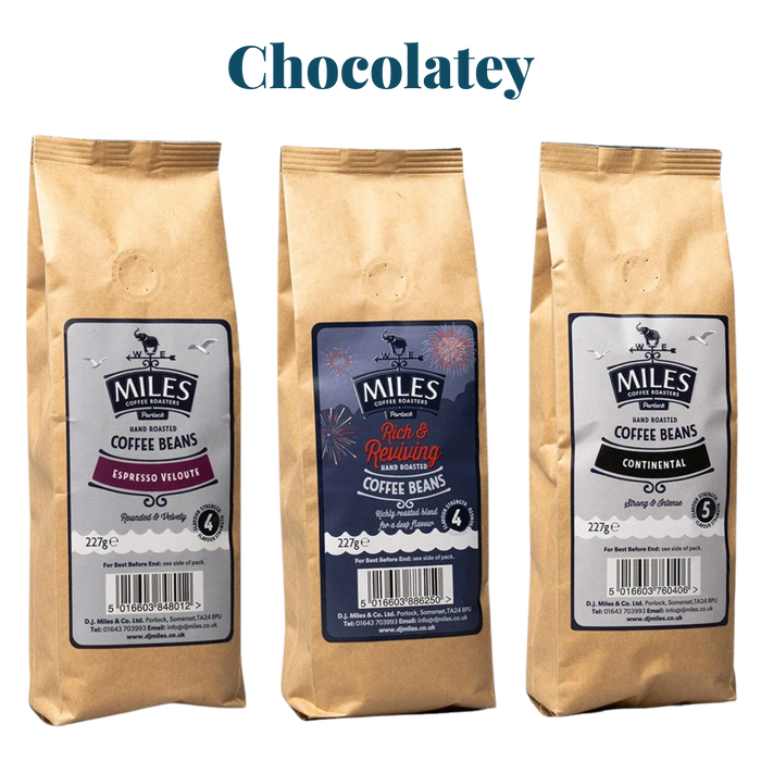 Miles Coffee Chocolate & Caramel Taster Pack – 3x 227g Hand-Roasted Coffee Beans | Espresso, Rich & Continental Blend