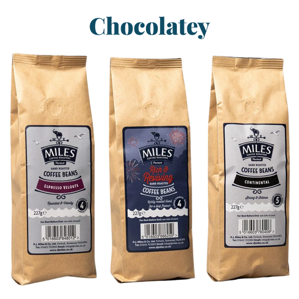 Miles Coffee Chocolate & Caramel Taster Pack – 3x 227g Hand-Roasted Coffee Beans | Espresso, Rich & Continental Blend
