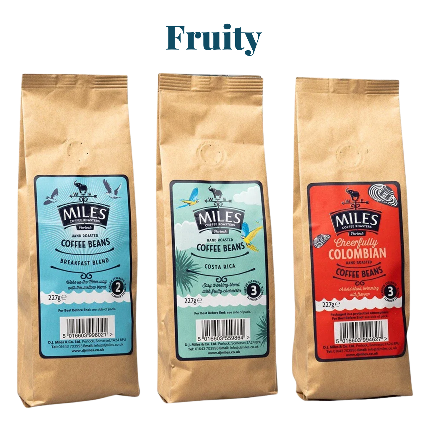 Miles Coffee Fruity Taster Pack – 3x 227g Hand-Roasted Coffee Beans | Breakfast, Costa Rica & Colombian Blend