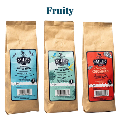 Miles Coffee Fruity Taster Pack – 3x 227g Hand-Roasted Coffee Beans | Breakfast, Costa Rica & Colombian Blend