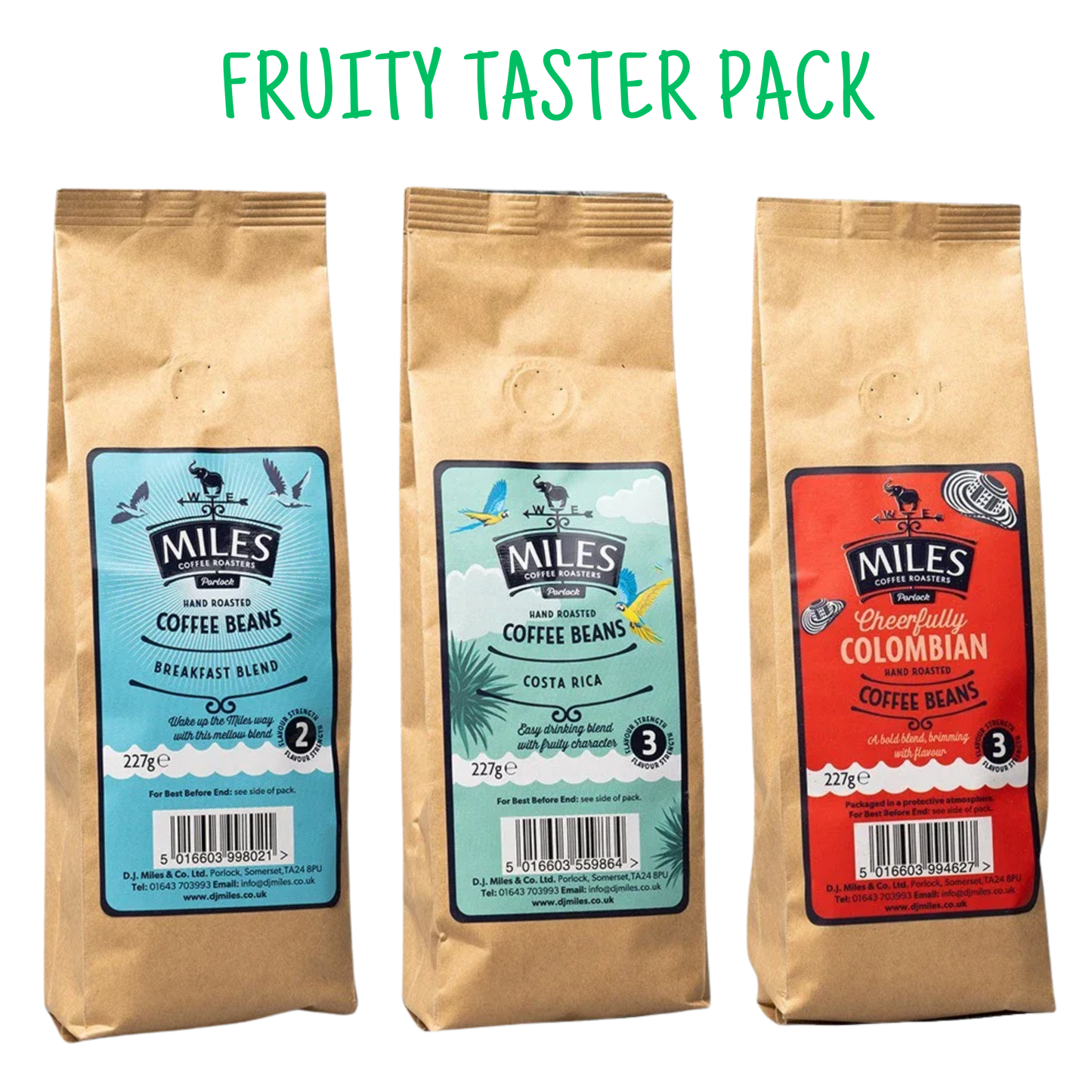 Miles Coffee Fruity Taster Pack – 3x 227g Hand-Roasted Coffee Beans | Breakfast, Costa Rica & Colombian Blend