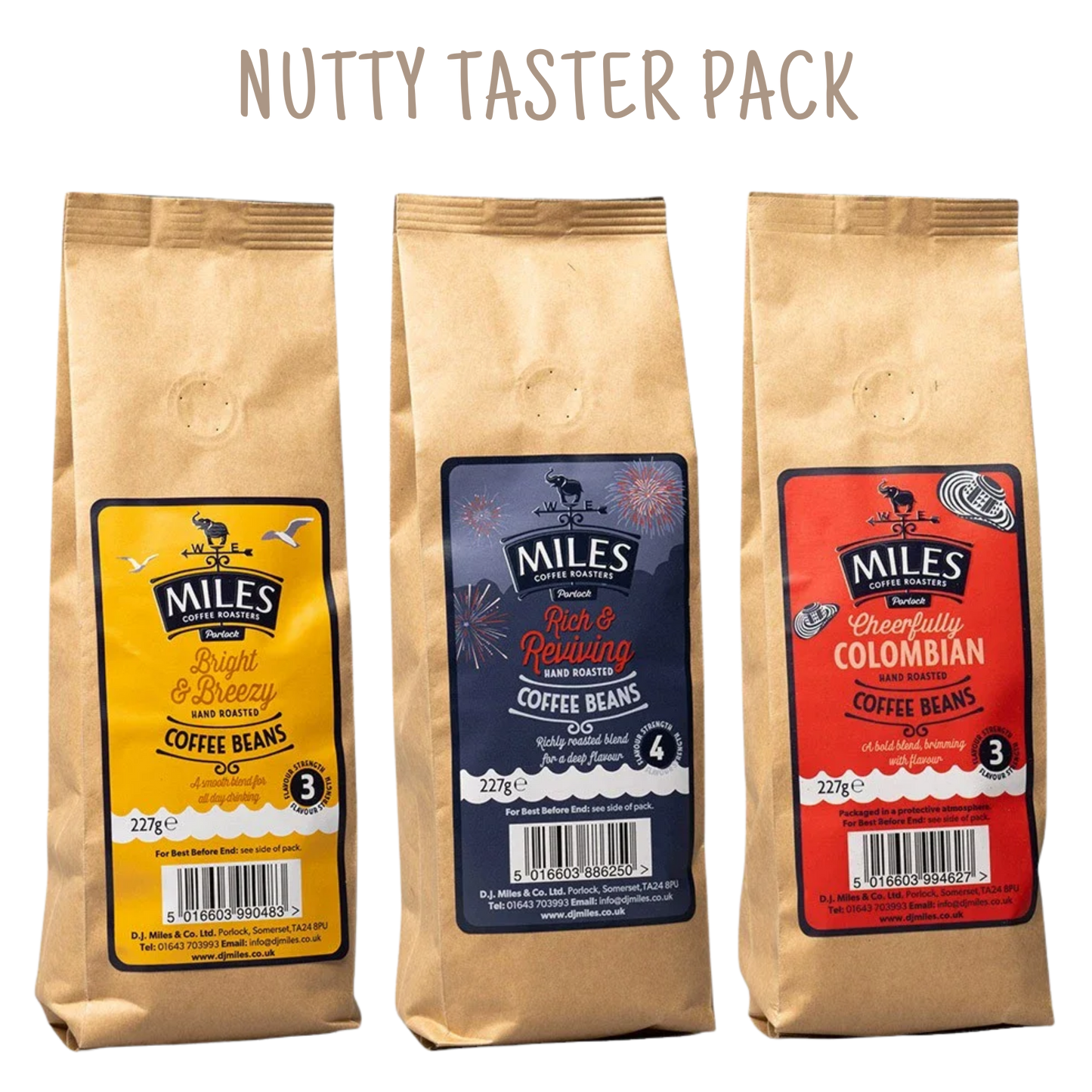 Miles Coffee Nutty Taster Pack – 3x 227g Hand-Roasted Coffee Beans | Bright, Colombian & Rich Blend