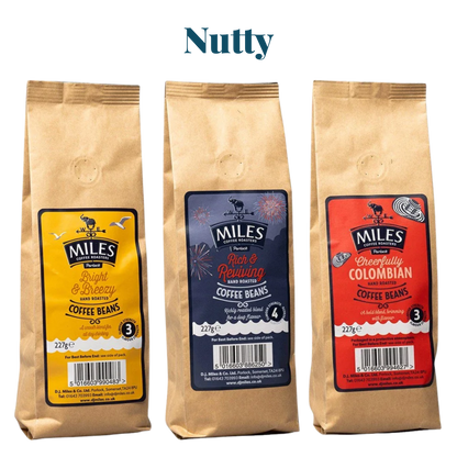 Miles Coffee Nutty Taster Pack – 3x 227g Hand-Roasted Coffee Beans | Bright, Colombian & Rich Blend