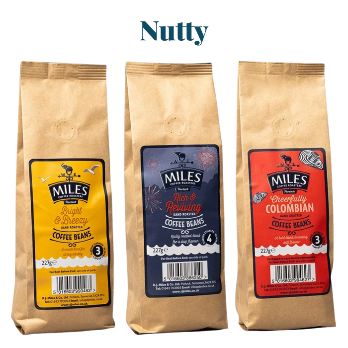 Miles Coffee Nut & Biscuit Taster Pack – 3x 227g Hand-Roasted Coffee Beans | Bright, Colombian & Rich Blend