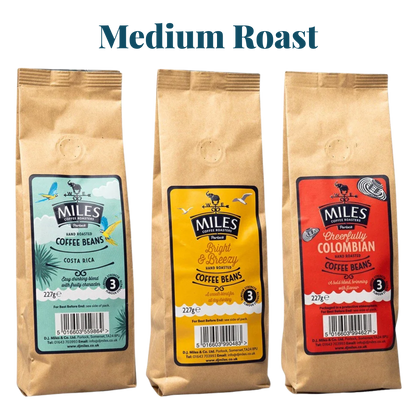 Miles Coffee Medium Roast Taster Pack – 3x 227g Hand-Roasted Coffee Beans | Costa Rica, Colombian & Bright Blend