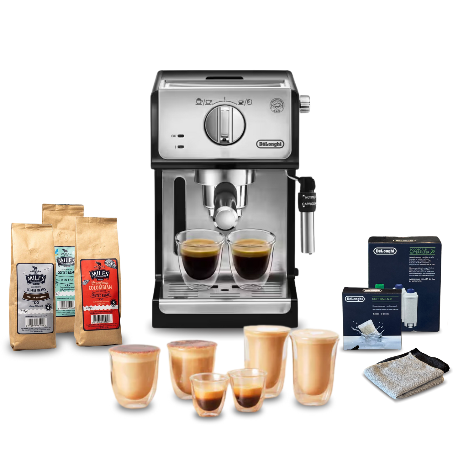 De'Longhi Compact Manual Espresso Pump Complete Coffee Setup - Black & Silver