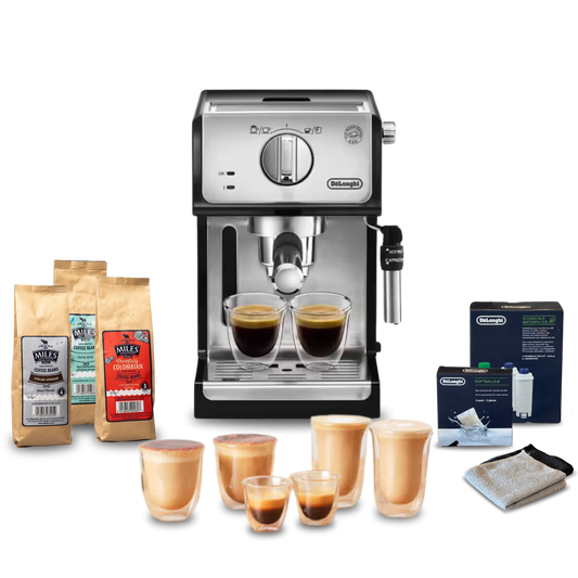 De'Longhi Compact Manual Espresso Pump Complete Coffee Setup - Black & Silver