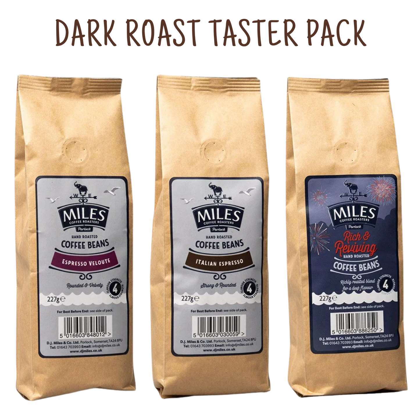 Miles Coffee Dark Roast Taster Pack – 3x 227g Hand-Roasted Coffee Beans | Espresso & Italian Rich Blend
