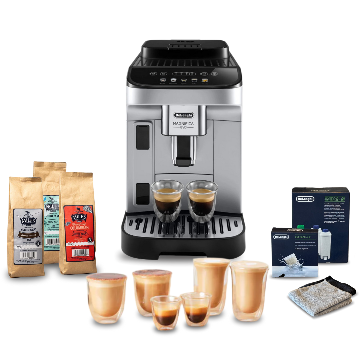 De'Longhi Magnifica Evo Silver & Black Automatic Complete Coffee Setup